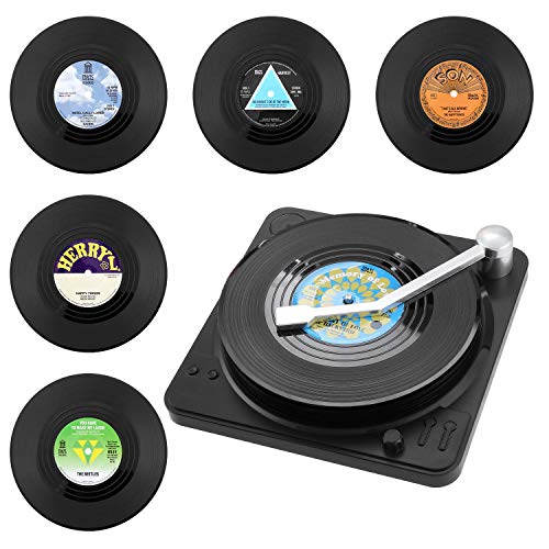 Coolty 6 Stück Vinyl Schallplatten Untersetzer, Rutschfeste Tasse Matte, Isolierte Kaffee Getränke Untersetzer mit Halter für Tassen Tisch Bar Glas Gläser mit Halter