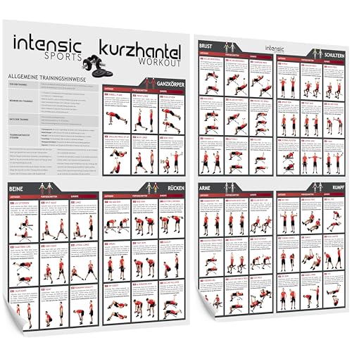 intensic SPORTS Kurzhantel Workout Poster | 60 Fitness-Übungen für Hantel-training | Muskelaufbau & Sport Motivation für Homeworkout Fitnessraum Fitnesstraining zuhause | Dumbbell Sportposter 2XDIN A1