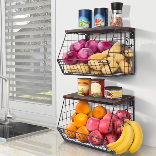 Mefirt Obstkorb Hängend 2 Etagere Obstkorb, Obstschale Hängekorb Küche, 2 Stück Küchenorganizer Mit Holzdeckel Drahtkorb Stapelbar Wandmontierbar Zur Aufbewahrung Von Gemüse, Obst Und Snacks