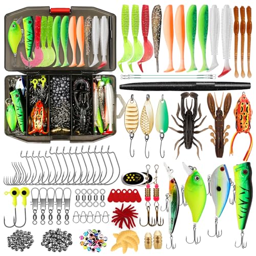 TRUSCEND Angeln Köder Set mit Tackle Box für Hecht, Zander, Forelle, Barsch, Angelzubehör einschließlich Gummifische, Oberflächenköder, Spinner, Popper, Jigs Head für Süßwasser-Salzwasser-Fischen