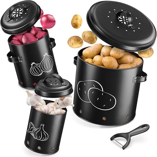 LINFELDT® 3er Set Kartoffel Aufbewahrungsbox - durch 360° Belüftung länger frisch +Schäler - Zwiebel Aufbewahrung, Kartoffel & Knoblauch Metall Schwarz