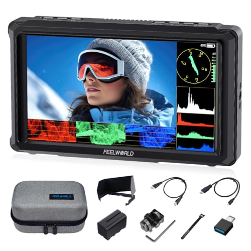 FEELWORLD FW568 PRO 6 Zoll 1200 Nit DSLR Kamera Field Monitor mit F750 Akku 4400mAh Tragetasche, Waveform 3D LUTs Video Peaking Fokusassistent 1920x1080 IPS 4K HDMI Type-C Eingang/Ausgang