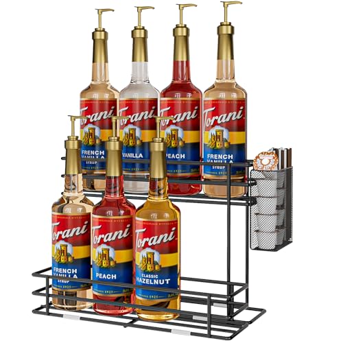 Kaffee Sirup Organizer Rack - 8 Sirup Flasche Halter Stand für Kaffee Bar Kaffee Station Zubehör mit Stroh Kaffee Pod Korb, 2 Tiers Küche Arbeitsplatte Lagerung für Sirup Wein Dressing Schwarz