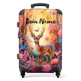 NoBoringSuitcases.com® Koffer personalisiert, Kinder Koffer, 67x43x25cm - Reisekoffer Kinder, Koffer hartschale - Hartschalenkoffer - Kleines REH mit Blumen - Mittelgroß mit Rollen - Koffer mit Namen