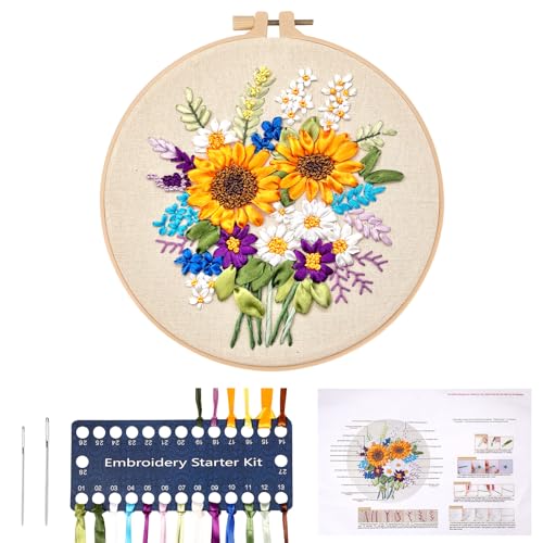 JSRQT 3D Band Stickerei Sets für Anfänger, Sonnenblume Gestempelte Kreuzstich Startersets, Nadelspitzen Stickerei Sets für Erwachsene, Handgefertigtes Stickset zum Selbermachen mit Nadel und Faden