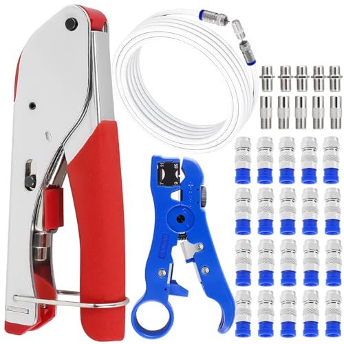 Crimpzange Koaxialkabel Kit,F Stecker Crimpzange mit RG6 TV-Kabel und 20 F RG6 Steckern,F-Stecker,Crimpzange Koaxialkabel für STB, Dish TV,Satellit,Antennen-Koaxialkabel