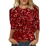 Shirt 3/4 Arm Damen Bedrucktes T-Shirt mit DREI Viertelärmeln, Lässiges Pailletten-Rundhalsausschnitt, Lockeres Modisches Oberteil T Shirt Gelb Pailletten Oberteil Leichte Vintage (240413B-Red, S)