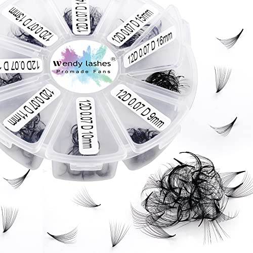 Fertige Fächer Wimpern Extension 12D 500 Stück 9-16mm 0,07mm D Curl Fertig Volumen Wimpern Fächer Premade Volume Fans Russische Wimpernverlängerung(500-12D-0,07-D-9-16)
