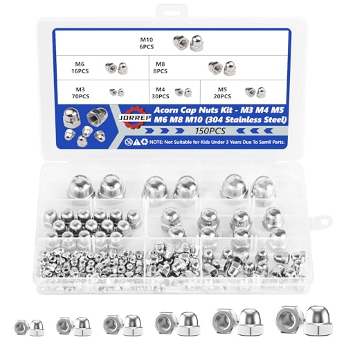 Hutmuttern Set, 150 Stück Edelstahl Kappenmuttern, M3/M4/M5/M6/M8/M10 Sechskant Hutmuttern für Schrauben, mit Aufbewahrungsbox