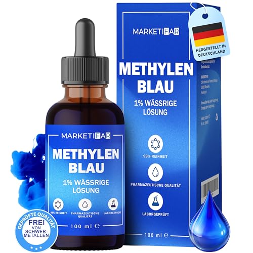 Methylenblau - 100ml Premium Tropfen Pharmaqualität - Methylene Blue 1% Lösung in Pipettenflasche - Frei von Schwermetallen - Hergestellt, Laborgetestet und zertifiziert in Deutschland (1 Stück)