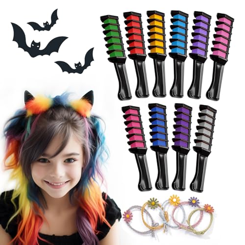 Magicat Premium Haarkreide Set I Halloween 2024 Edition I 10 Farbtöne für das Halloween Kostüm I inkl. 5 Haargummis! Kinderfreundlich und auswaschbar I Haarkreide für Mädchen