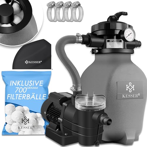 KESSER® Sandfilteranlage Sandfilter + 700g Filterbälle ersetzen 25kg Filtersand 7-Wege Ventil mit Druckanzeige Poolfilter 10 m°/h Filteranlage Filterkessel für Pool 10.200 L/h, Grau