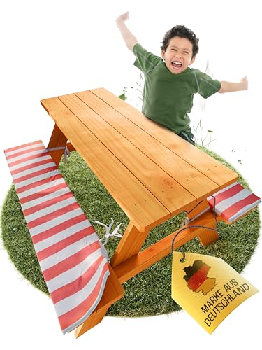 FRIEDO - Kindersitzgruppe inkl. Polsterauflage - Gepürfte Kinder Gartenmöbel - Sitzgruppe Kinder Outdoor perfekt für den Garten oder als Picknicktisch - Kindersitzgarnitur aus Holz