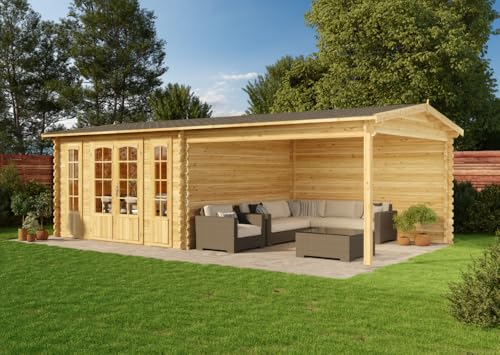 Alpholz Gartenhaus Freiburg-44 aus Massiv Holz, Freizeithaus, Blockhaus 44 mm Wandstärke, Garten Holzhaus Terrasse, Überdachung, Sitzecke Größe: 755 x 399 cm in Pinie mit Doppeltür