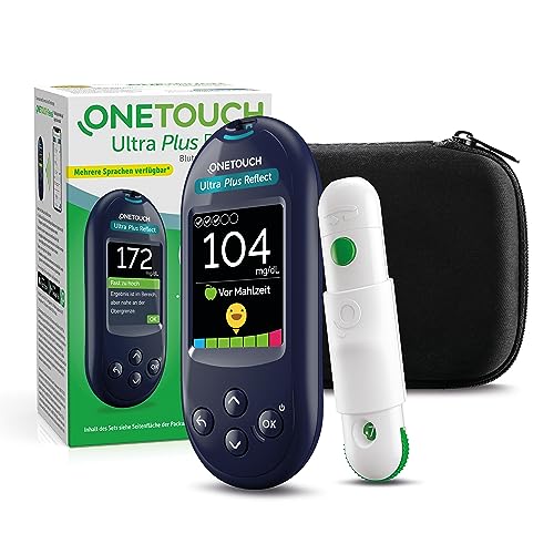 OneTouch Ultra Plus Reflect Blutzucker-Messgerät (mg/dl) I Diabetes-Testset (Zucker-Krankheit) I 1 Blutzucker-Messgerät + 10 Teststreifen + 1 Stechhilfe + 10 Lanzetten im Etui (inkl. Batterien)