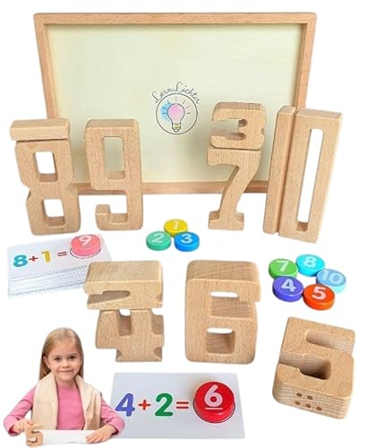 Holz Lernzahlen mit Rechenkarten – Montessori Rechenspiel ab 4 5 Jahren – Zählspiel mit Holzzahlen & Chips – Pädagogisches Lernspiel für Vorschule & 1. Klasse