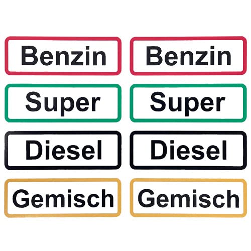 Hochwertige Kraftstoff Aufkleber: Benzin, Super, Diesel & 2-Takt Gemisch, 8 Stück