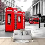 3D Fototapete Vliestapete Modern Telefonzellen Busse – Moderne Wanddeko Für Wohnzimmer, Schlafzimmer, Kinderzimmer Oder Büro – Geruchsfrei, Xxl Wandbild 250 X 175 Cm Rot Grau