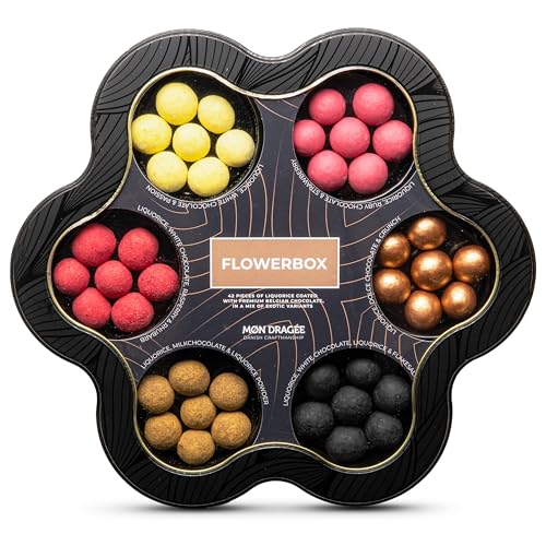 Mon Dragée Flower Box 265g, Luxus-Feinkost-Pralinen, 6 Sorten Dänische Lakritz-Kugeln, Glutenfreie Pralinen-Geschenkbox in Blütenform, Edles Geschenk für Liebhaber besonderer Süßigkeiten