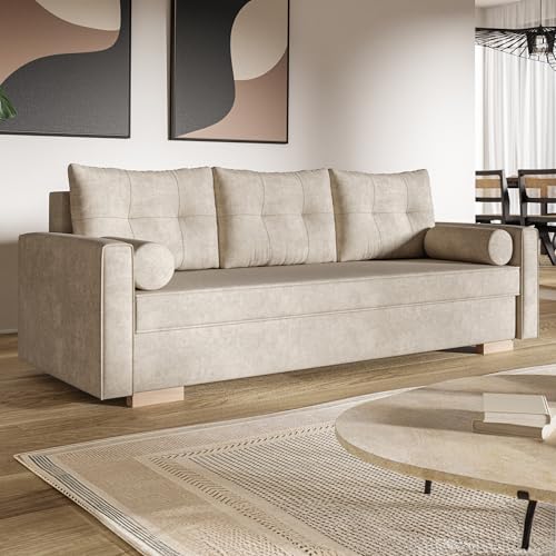 MOTIVENA Vienna Sofagarnituren, 3 Sitzer Sofa mit Bettfunktion, Schlafsofa 215 cm Breit, Klappsofa mit Schlaffunktion, Bettsofa mit Schlaffunktion, Taschenfederkern (H3), Samt Sofa Beige (Creme)