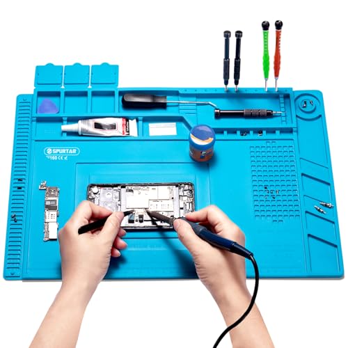 Spurtar Lötmatte Silikon 500℃ Hitzebeständige, 45 x 30 cm Verdickte Arbeitsmatte Werkstatt für Lötpistolen/Heißpistolen, Magnetische Reparatur Matte für Elektronik, Löten, Telefon, iPad, Uhren