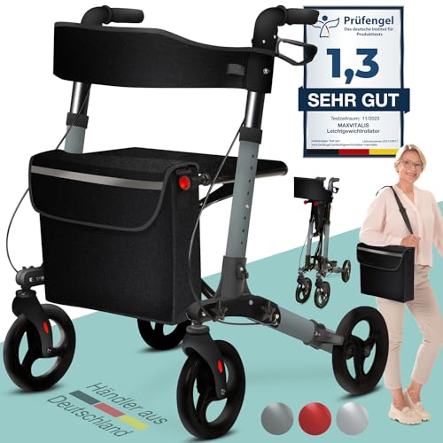 maxVitalis Rollator faltbar und leicht mit Sitz, Leichtgewicht-Reiserollator aus Aluminium, Gehhilfe 8-fach höhenverstellbar, Laufhilfe 3-fach faltbar für Kofferraum, Tasche & Schirmhalter Anthrazit