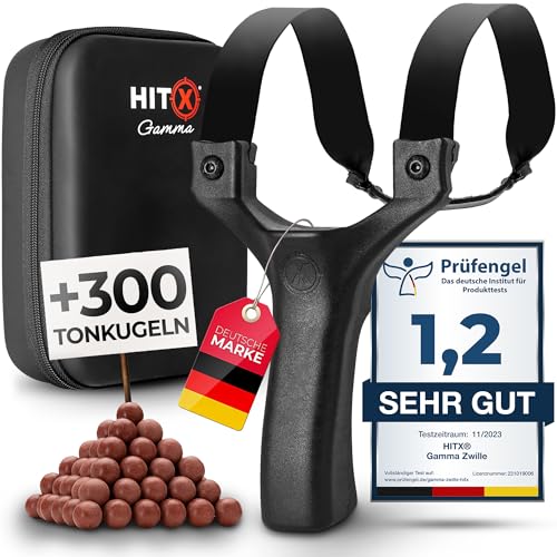 HITX® Zwille Steinschleuder Profi Bundle Set | Für Große Hände & Einfacher Clip-Technik | Slingshot Schleuder mit Gummiband Extra Stark | + 300 Tonkugeln | Bundle Set mit Ersatzgummi | Gamma