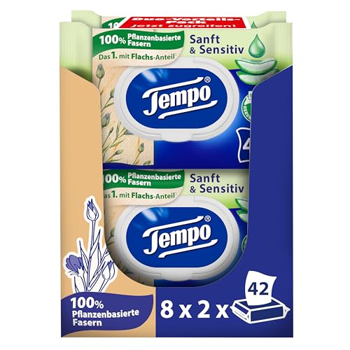 Tempo Feuchte Toilettentücher ''Sanft & Sensitiv'' - Megapack - 16 Packungen mit je 42 Tüchern - Duo Packs - natürliche Aloe Vera - Toilettenpapier, dermatologisch getestet, pH-hautneutral