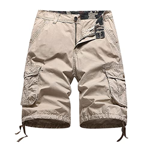 Männliche lässige Shorts mit mittlerer Taille, solide Splice-Tasche, Kordelzug, knielange Shorts Cargohose Herren Herren (Khaki, 34)