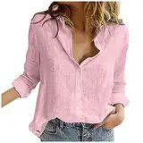 Damen-Bluse aus Baumwoll-Leinen, Knopfleiste, langärmelig, V-Ausschnitt, Business-Hemden, Frühling-Sommer-Outfits 2025, Rosa, 4XL