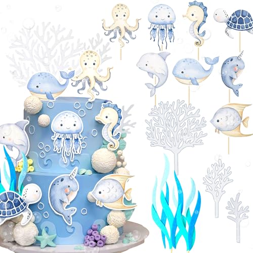 JeVenis 29 PCS unter dem Meer Kuchen Toppers Ozean Tier Cupcake Toppers unter dem Meer Party Dekorationen Ozean Meer Thema Babydusche Geburtstag Party Kuchen Dekorationen