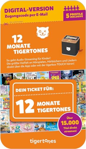 tigermedia tigertones-Ticket (DIGITAL) sofort vergübar 12 Monate Audio-Streaming 20.000 Hörspiele Hörbücher Kindermusik tigerbox 5 Profile | Aktivierungscode per Email