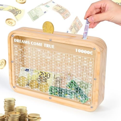 Yitical Holz-Spardose mit transparentem Sichtfenster und Sparziel für Erwachsene und Kinder, 10.000 Euro Sparbox, Modern, Keine Montage
