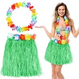 Zomiboo Hawaii Kostüm Set Hula Gras Rock Luau Party Deko Elastisch Hula Rock Blumen Girlande Halskette Hawaii Grass Rock für Mädchen Kinder Erwachsene Kostüm Geburtstag Tropisch Feier (Grün)