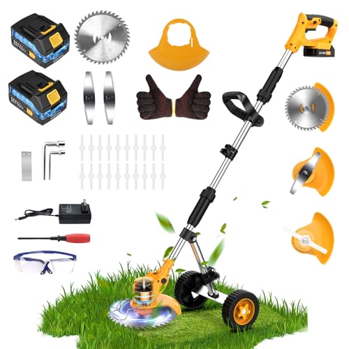 21V Rasentrimmer Mit Akku und Ladegerät 4 in 1 Freischneider Akku mit 2x2Ah Batterie, Rasentrimmer Elektrisch Teleslopstiel, Radkantenschneider 3 Arten Messer, Mini Rasenmäher Motorsense 90° Drehkopf