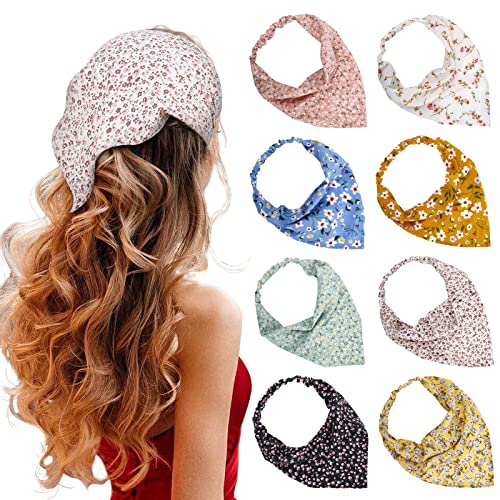 TERSE Boho Damen Stirnbänder Dreieck Kopftüchern, Chiffon Bandanas Turban Haarbänder, Elastische Haarschal Kopfzubehör für Frauen und Mädchen, 8 Stück