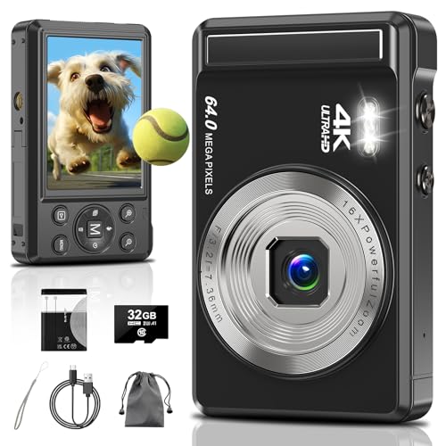 4K 64MP Digitalkamera mit 32GB SD-Karte für Fotografie, Autofokus Kamera fotokamera Tragbare Mini Kompakte Kamera für Jungen, Mädchen, Kinder, Anfänger, Teenager mit 16X Digitalzoom und Batterie