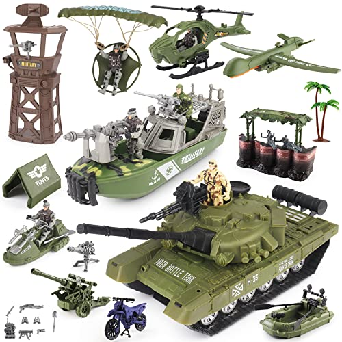 deAO Militärarmee Spielset, enthalt Soldaten Actionfiguren, Panzer, Kriegsschiff, Hubschrauber, Teleskop, Verteidigungsturm usw. Militär Spielset Geburtstagsgeschenk für Jungen und Mädchen