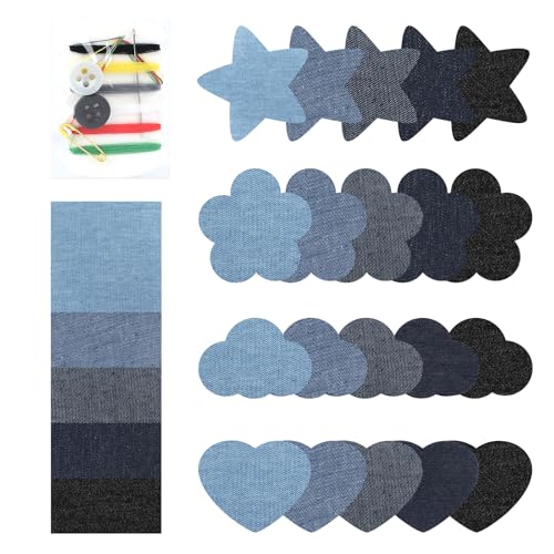 Svalor 25 Stück Bügelflicken, Jean Flicken zum Aufbügeln, Aufbügelflicken mit Verschiedenen Mustern und Nähzubehör, Jeans Flicken zum Aufbügeln Innen für Jacken Taschen Lochreparatur Dekoration
