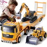 G.C Baufahrzeuge Kinder Groß LKW Spielzeug mit Bagger Bulldozer, 1: 40 Baustellenfahrzeuge Autotransporter Lastwagen mit Licht und Sound Kinder Spielzeug Geschenk für Junge 3 4 5 6 Jahre