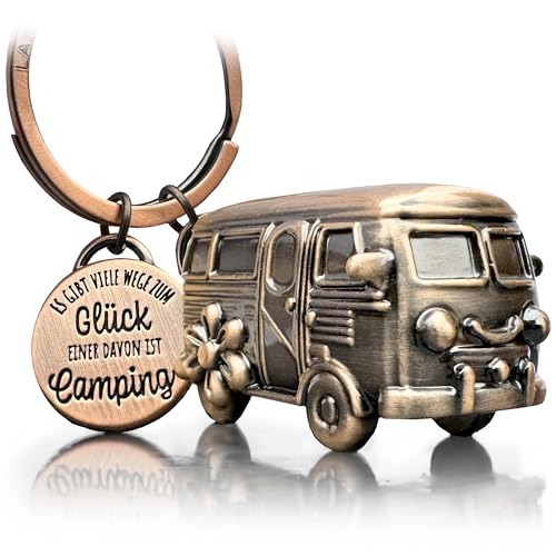 LANOLU Schlüsselanhänger Camping Glück, Wohnwagen Geschenk, Wohnmobil Geschenk für das Camping und für Camper, 3D Anhänger- Wohnwagen Zubehör aus Metall