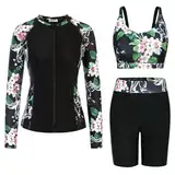 Ladies Langarm Sport Surfanzug mit Reißverschluss 3 Piece Schwimmanzug mit Badehose und Badeanzug Shirt Blumen auf Schwarz M