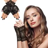 WANAIR Schwarze Spitzenhandschuhe Damen, Kurze Fingerlose Spitze Handschuhe Schwarz Elegant Kostüm für Fasching Karneval Halloween Mottoparty, Opera Halbhandschuhe Braut Hochzeits Hexen Zubehör