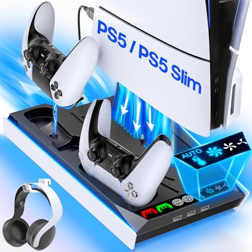 PS5 Ständer mit Automatisch Einstellbarer 3-Stufen-Lüfter für Alle PS5 Console, PS5 Standfuß mit RGB Licht und Controller Ladestation für PS5 & Edge Controller, PS5 Zubehörset