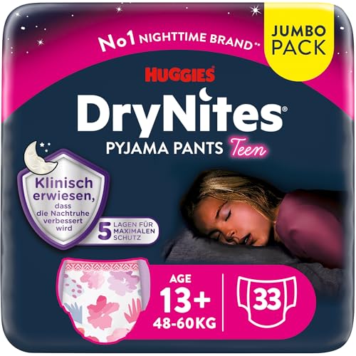 Huggies DryNites Nachtwindeln bei Bettnässen, für Mädchen ab 13 bis ca. 17 Jahre (48-60 KG), 33 Stück (3x11), Jumbo-Monatspack, Windel-Pants XL