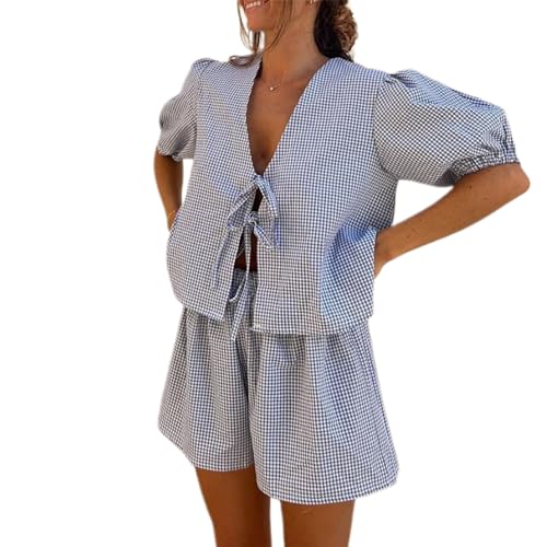 Achlibe Damen Kariertes Outfit Y2k lockerer V-Ausschnitt Puffärmel vorne zum Schnüren Tops Schößchen Shirt elastische Taille Shorts 2-teiliges Set, Dunkelblau, 38
