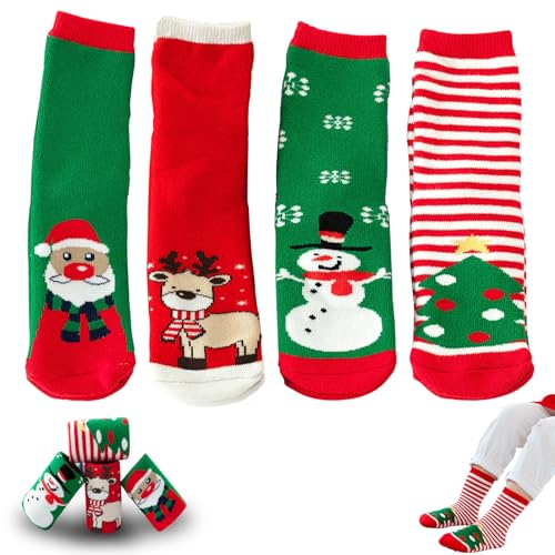 FMKLDENA Weihnachten Socken, 4 Paar Socken Weihnachten Kinder, Lustige Weihnachtssocken, Mädchen Weihnachtssocken, Weihnachtssocken, Weihnachts-Cartoon-Muster, Weihnachtsgeschenke Für Kinder