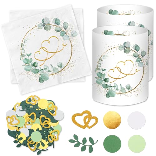 20 Stück Servietten Hochzeit + 12 Windlicht Tischdeko Hochzeit + 100 Konfetti Streudeko, Eukalyptus Hochzeitsdeko Tisch Grün Gold, Hochzeitstag Deko Set