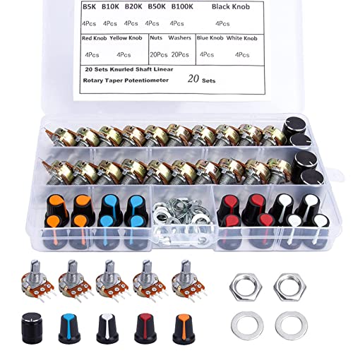 Lineares Potentiometer DrehPotentiometer 5K 10K 20K 50K 100K Ohm Potentiometer-Set 3 Pin mit 5-Farben Knopf Muttern und Unterlegscheibe 20 Sets