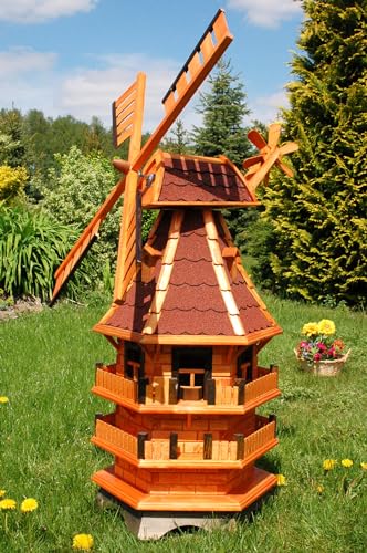 Deko-Shop-Hannusch Windmühle 3 stöckig kugelgelagert 1,40 m Bitum rot mit Beleuchtung Solar, Solarbeleuchtung, mit extra Windrad hinten am Kopf, imprägniert, Kugellager einstellbar